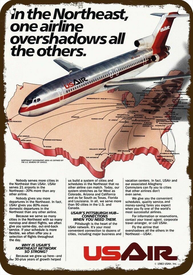 1984 USAIR US AIR Jet Flys NE USA Vintage-Look DECORATIVE REPLICA METAL SIGN 1984 USAIR US AIR Jet Flys NE USA Vintage-Look DECORATIVE REPLICA METAL SIGN