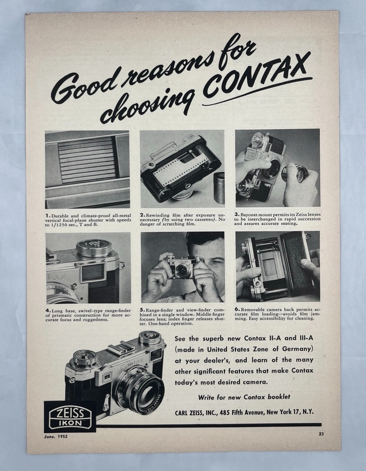 Original 1952 Zeiss Ikon CONTAX Camera Advertisement Original Vintage Print Ad