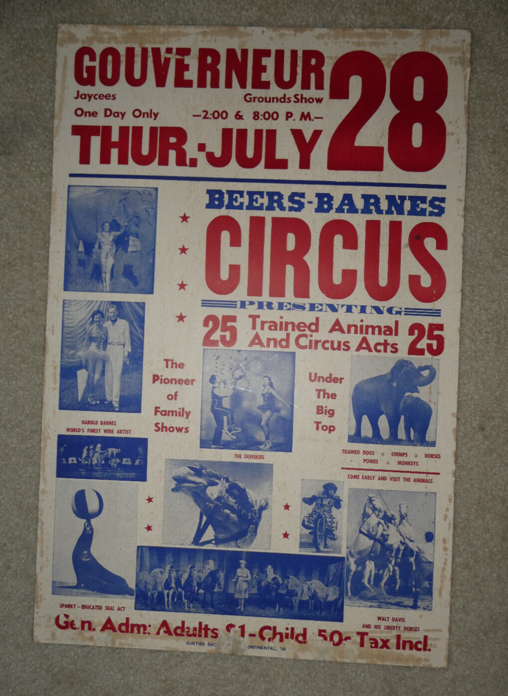 Vintage 1950s Cardboard Beers Barnes Circus Event Poster 26x17\ Vintage 1950s Cardboard Beers Barnes Circus Event Poster 26x17\