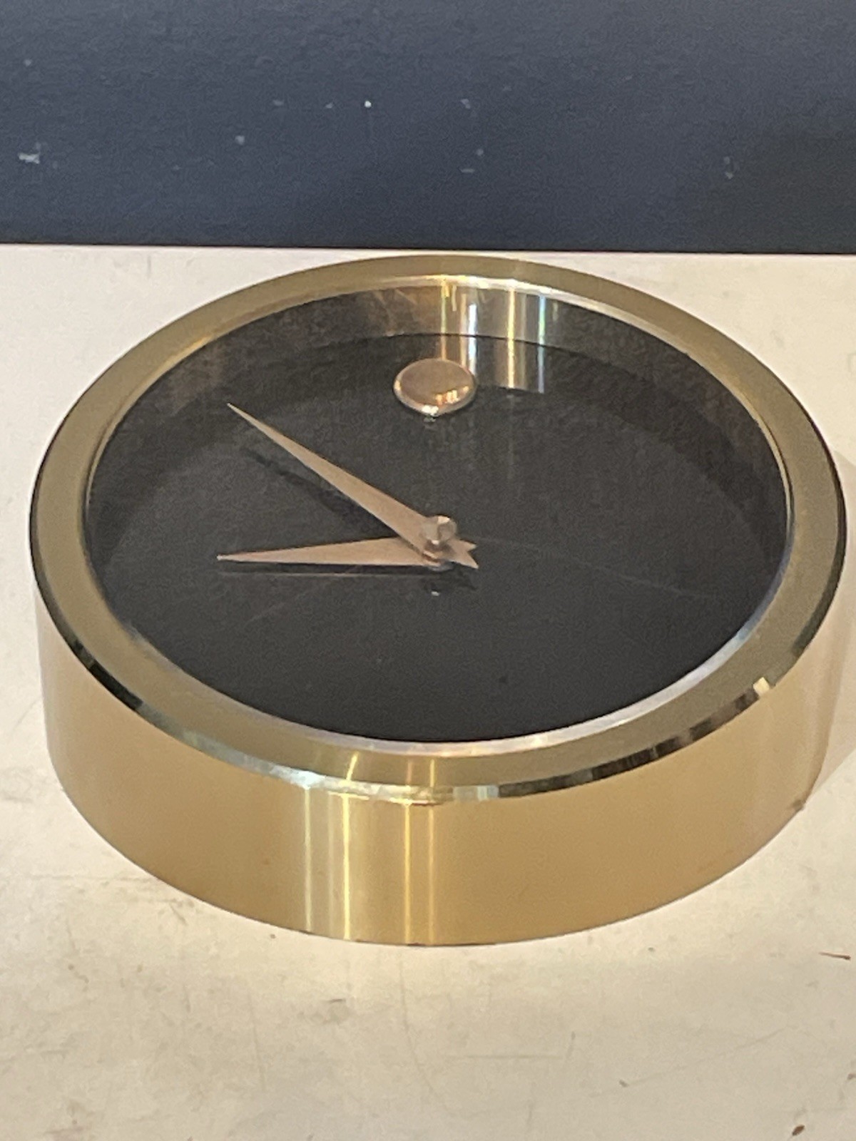 Vintage Movado Museum Brass Desk Clock German Made MCM 4.5” Black Dial