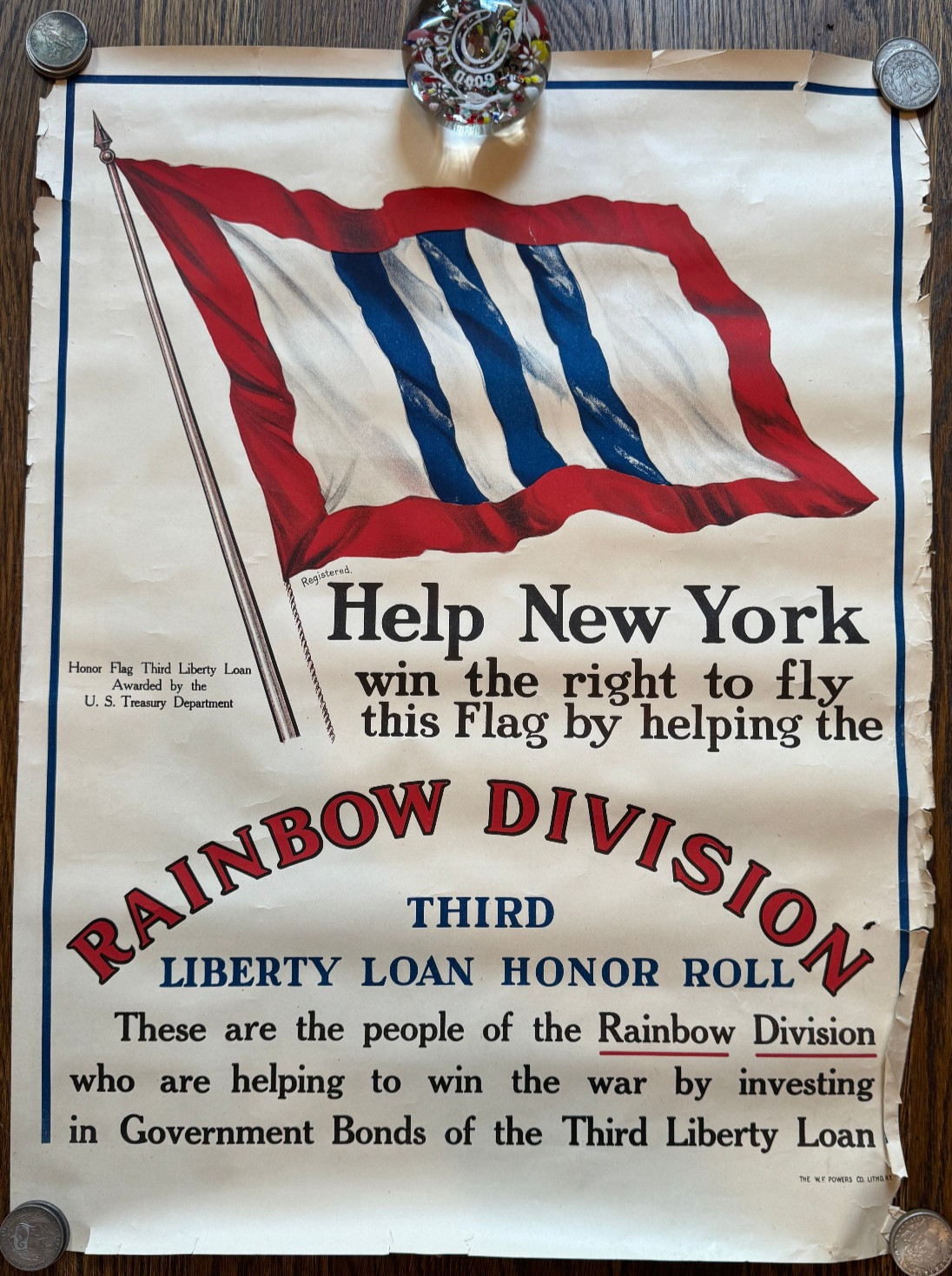 Original 1918 WWI Poster 42nd Rainbow Division Third Liberty Loan Honor Flag NY
