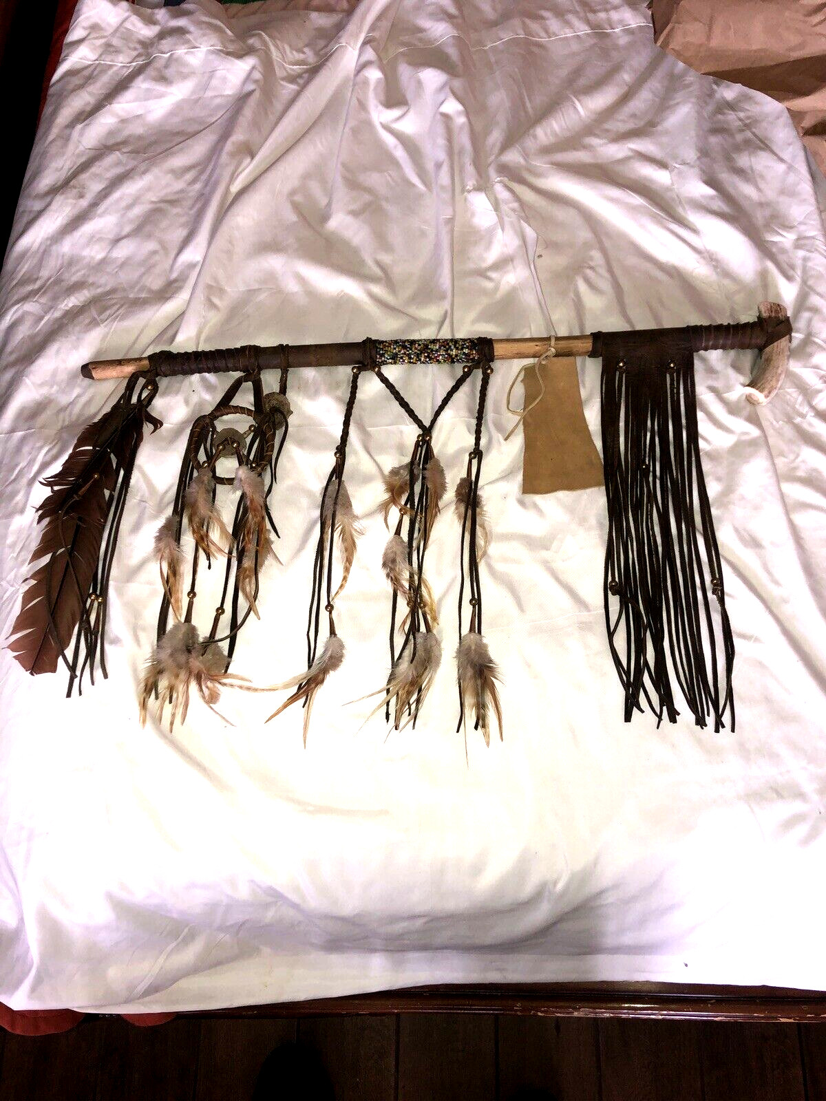 Vintage Native American Indian Peace Pipe Antler Leather & Bead Wrapped  29 Inch