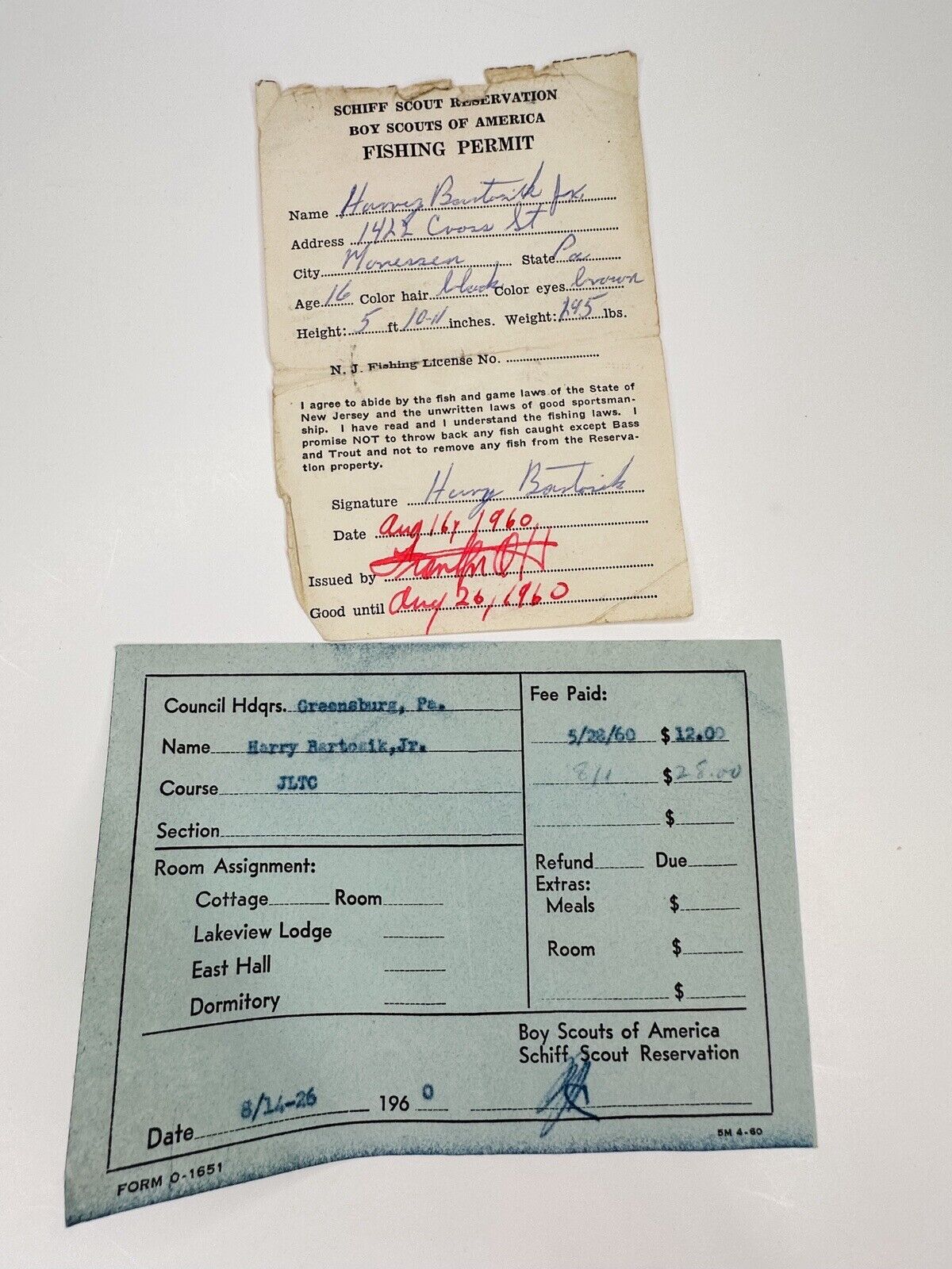 Schiff Scout Reservation Boy Scouts of America Fishing Permit & Receipt 1960 