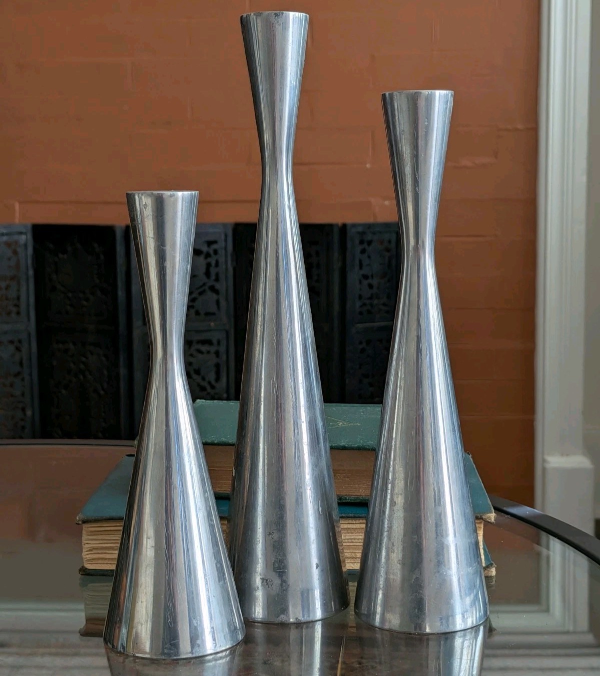 Vtg Set 3 Metal Tapered Candle Holder MCM Hourglass Brutalist Erika Pekkari Ikea