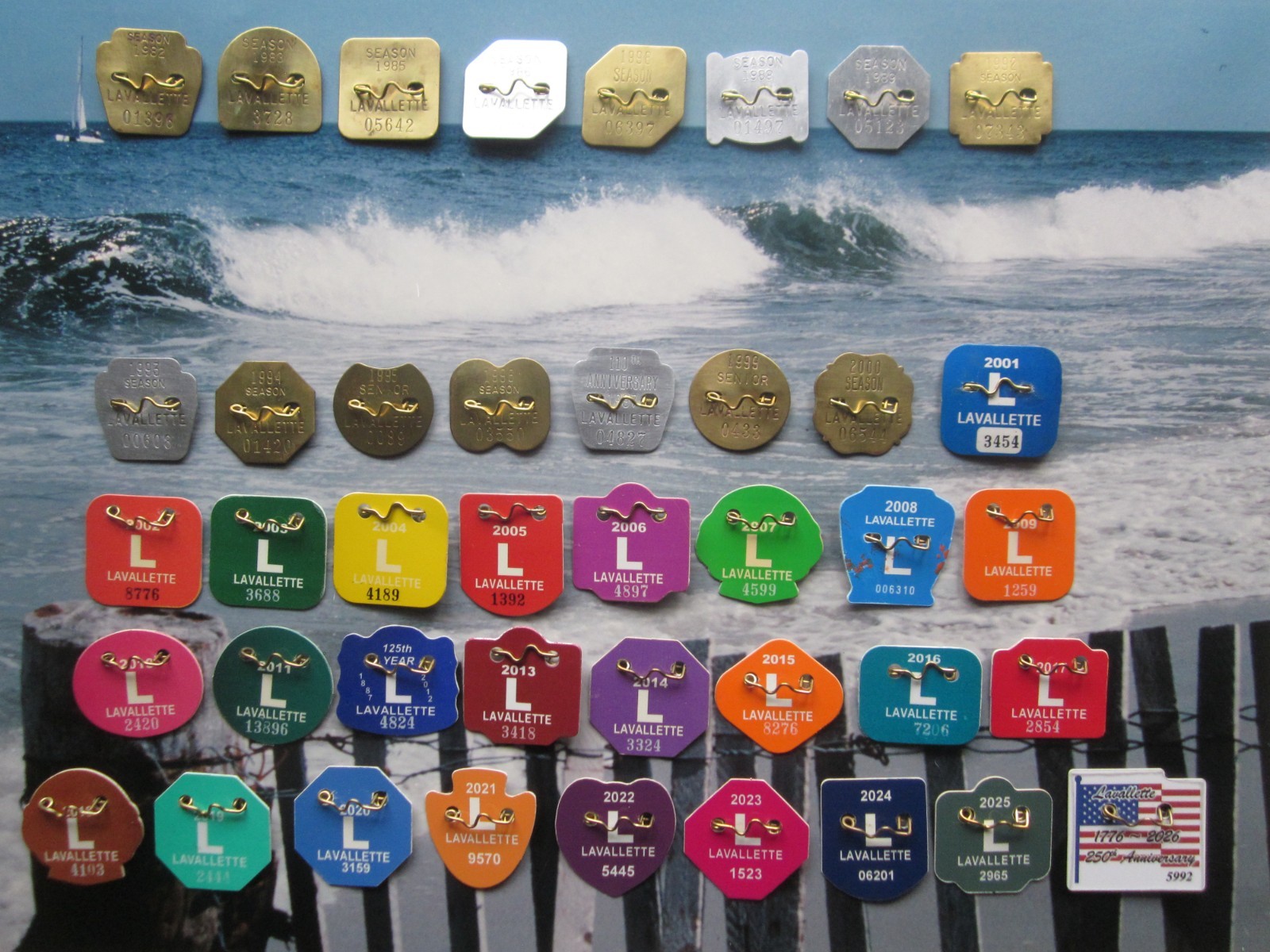 41  YEAR  COLLECTION  OF  LAVALLETTE  NEW  JERSEY  SEASONAL  BEACH  BADGES/TAGS