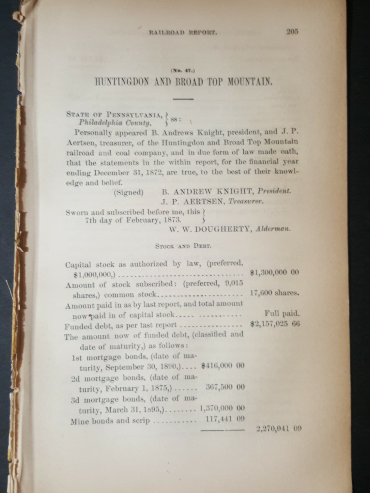 1873 report HUNTINGTON  & BROAD TOP MOUNTAIN RAILROAD Mt Dallas Riddlesburg PA