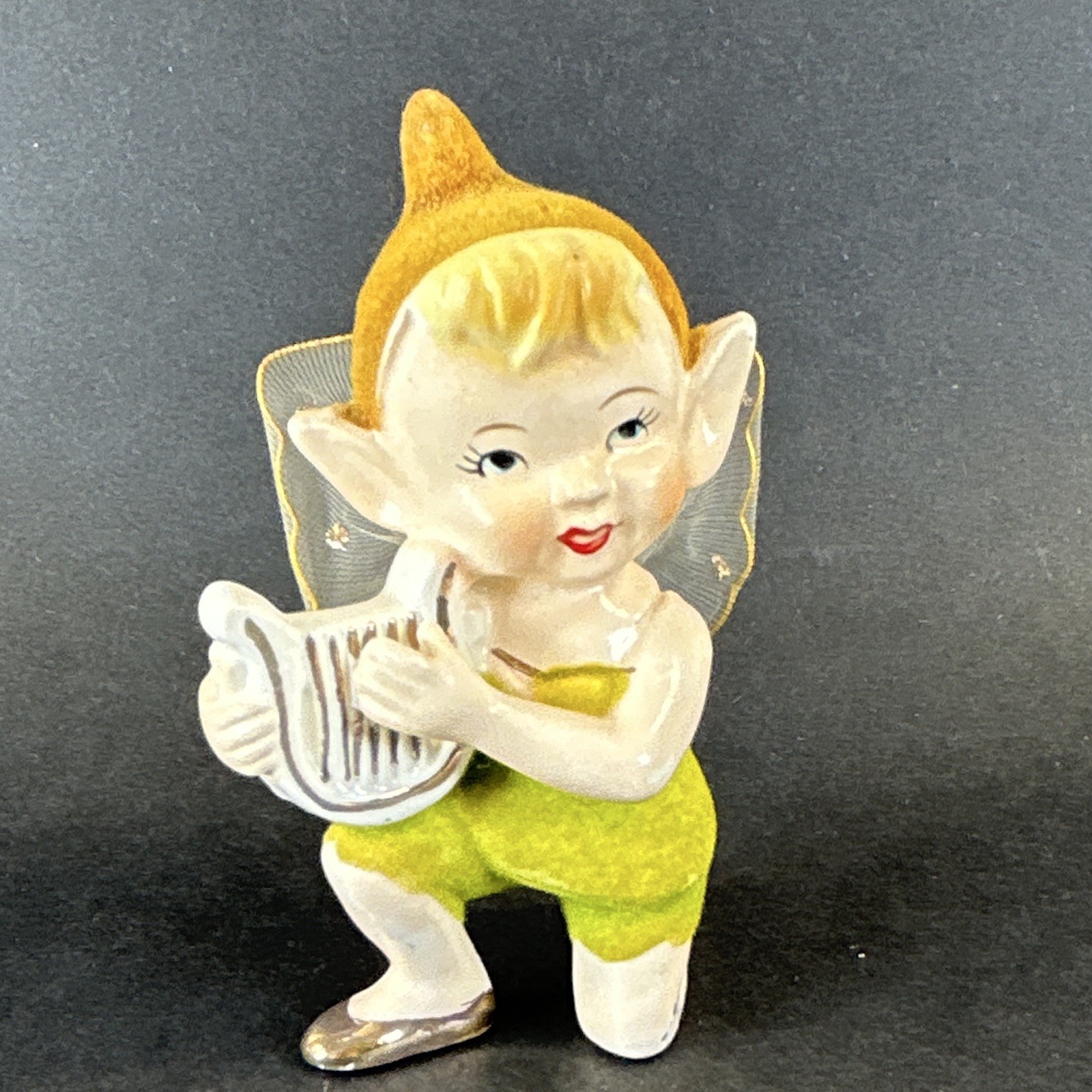 Vintage 1957 Ceramic Hand Painted Pixie Elf Figurine Lyre Harp Gold Hat Vintage 1957 Ceramic Hand Painted Pixie Elf Figurine Lyre Harp Gold Hat