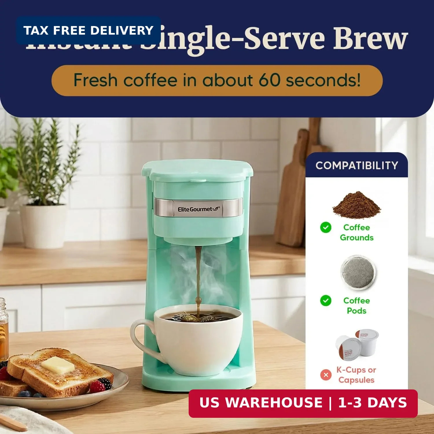 Elite Gourmet EHC113M Personal Single-Serve Compact Coffee Maker, Mint Elite Gourmet EHC113M Personal Single-Serve Compact Coffee Maker, Mint
