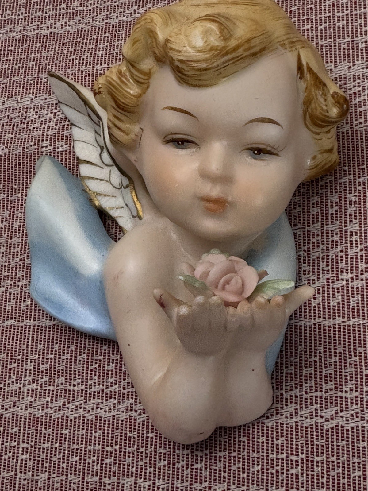 Vtg Norcrest China Porcelain Bisque Cherub Angel Wall Hanging Blue Ceramic A