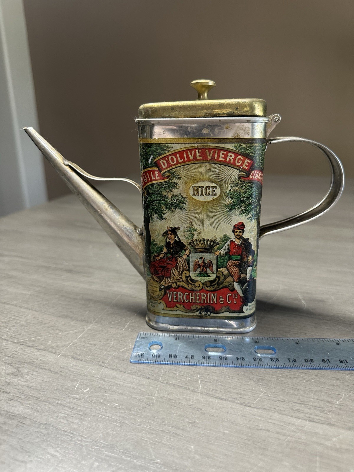 Vintage French Olive Oil Tin Oiler Can Vercherin & Cie 6” Metal Pourer