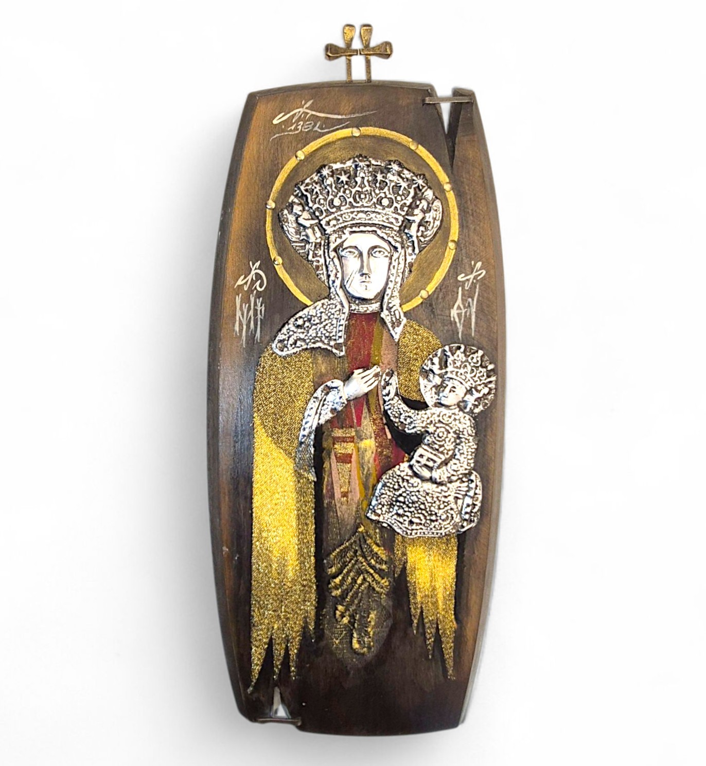 VTG Mid-Century Madona & Child Plaque Wood Silver Gold Embossed Religious Art