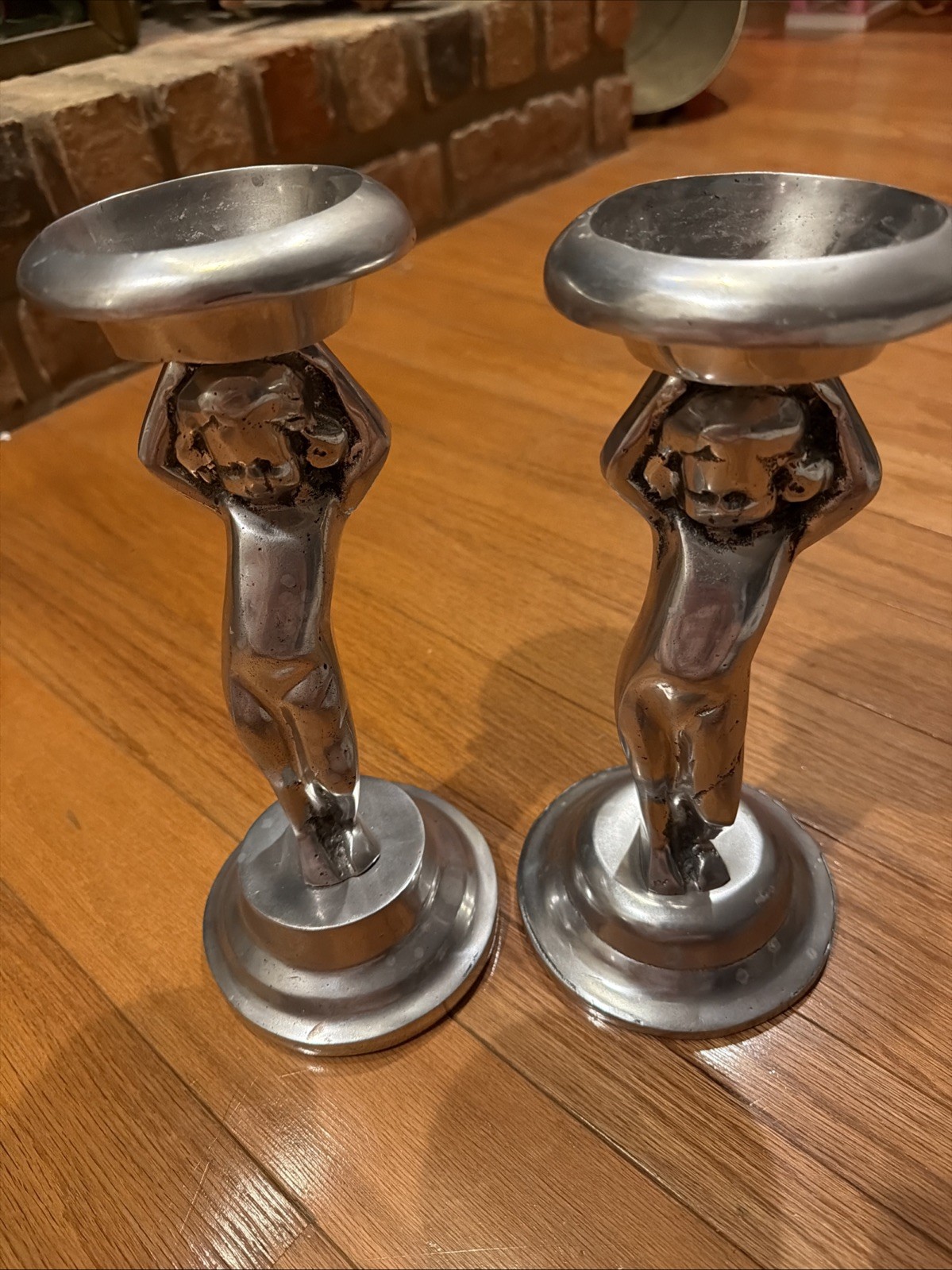 Vintage Chrome Plated White Metal 1930s StyleArt Deco Pillar Candle Holders Pair Vintage Chrome Plated White Metal 1930s StyleArt Deco Pillar Candle Holders Pair