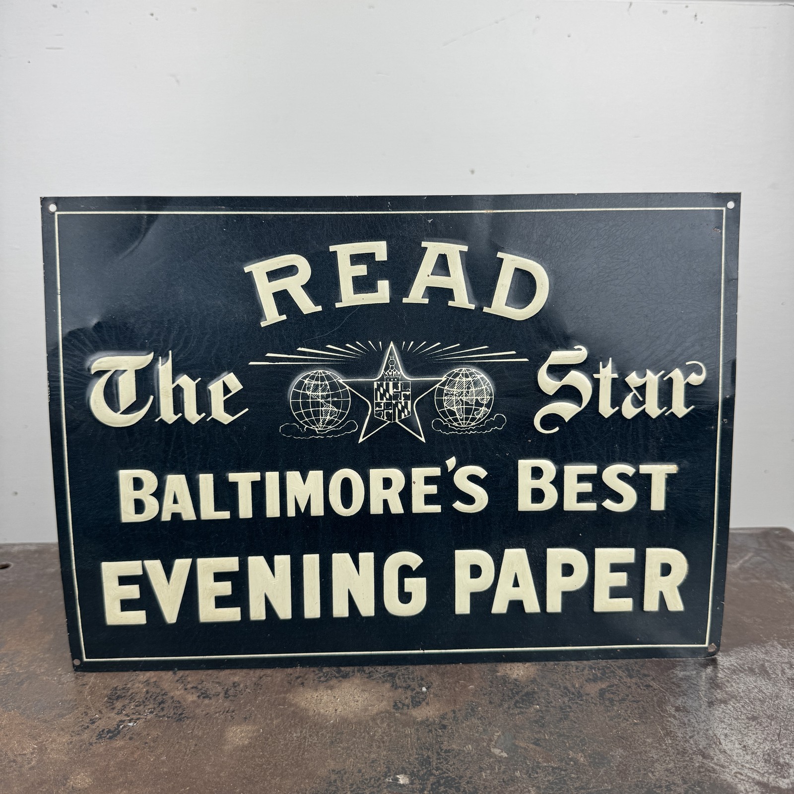 Vtg BALTIMORE EVENING STAR Newspaper Embossed Tin Tacker Sign Vtg BALTIMORE EVENING STAR Newspaper Embossed Tin Tacker Sign