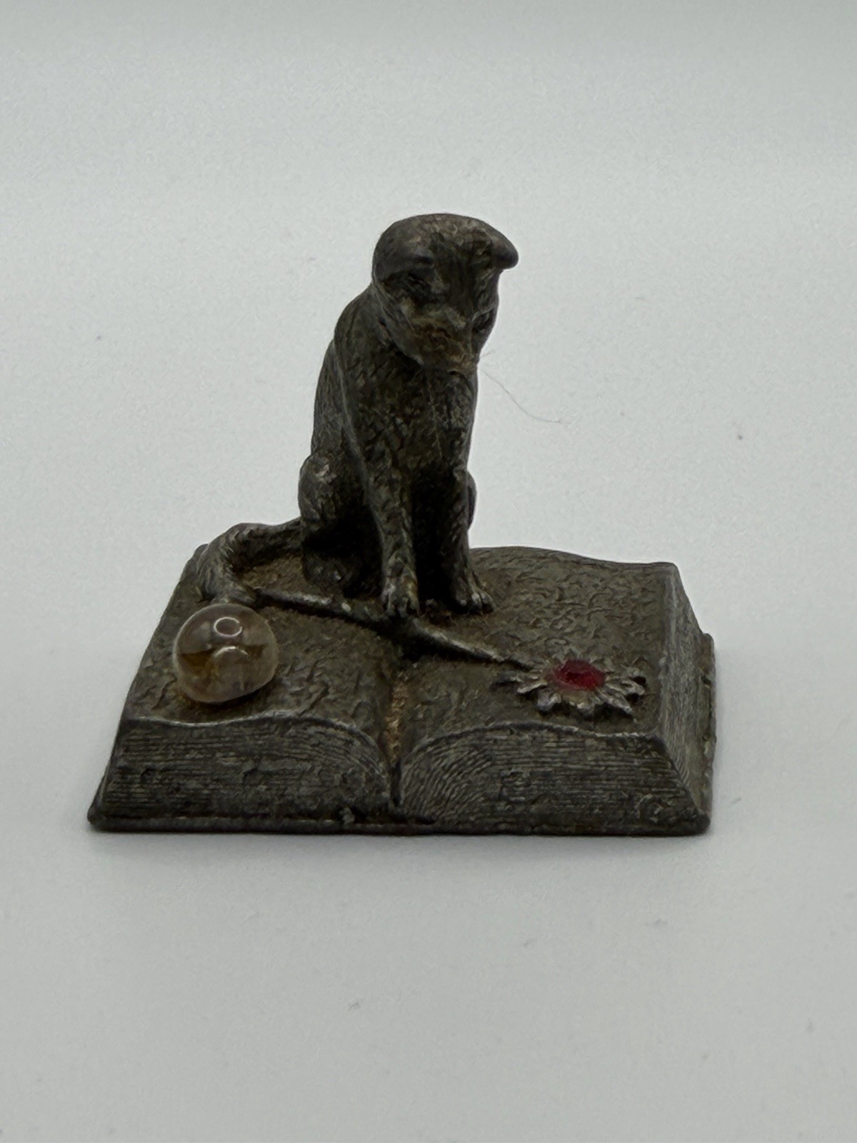 Vintage Gallo Pewter Cat Sitting On Spell Book Gemstones Miniature Figurine