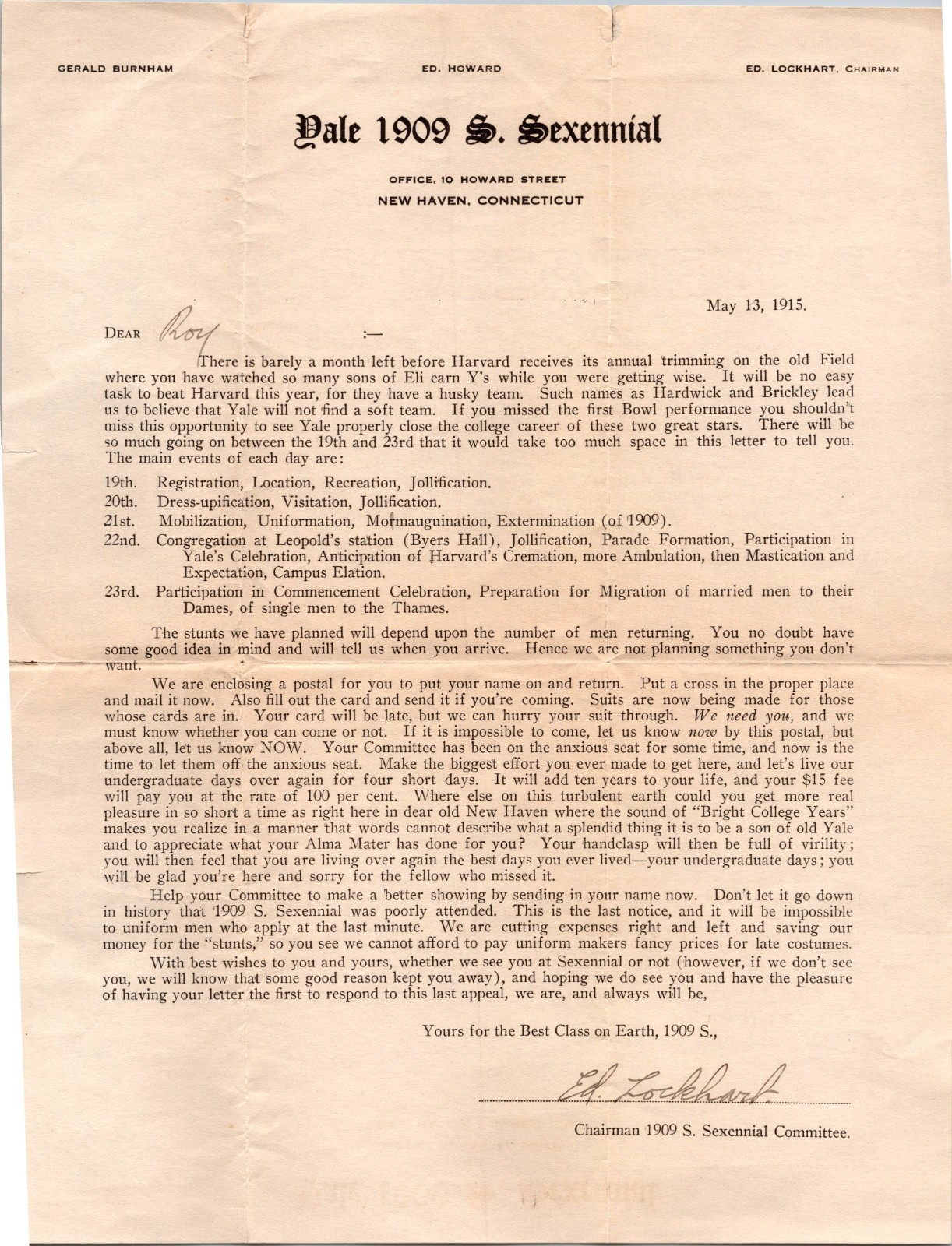 C1909 YALE UNIVERSITY LETTERHEAD SEXENNIAL signed by Ed Lockhart chairman C1909 YALE UNIVERSITY LETTERHEAD SEXENNIAL signed by Ed Lockhart chairman