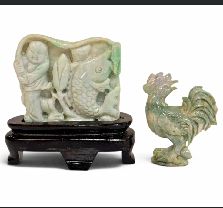 Chinese Carved Stone/Jadeite Boy Figure & Fish Plaque on Wood Stand + Rooster