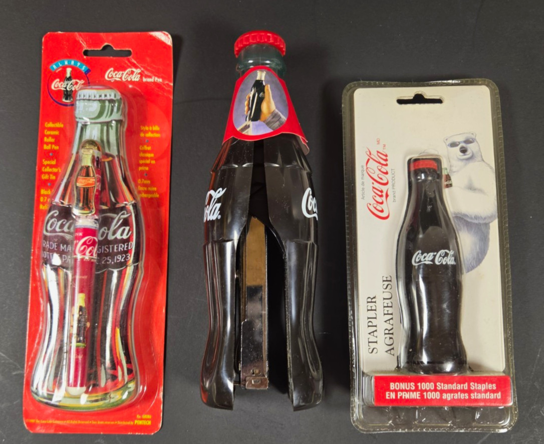 Coca-Cola Bottle-Shaped Stapler (small and large) with ceramic roller Pen / Tin.