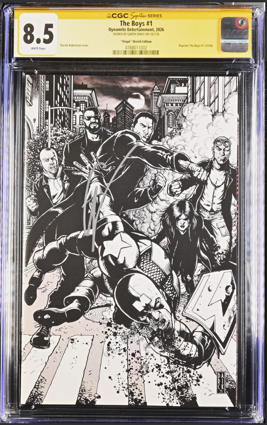 The Boys #1 CGC 8.5 Signature Series Garth Ennis Signed Virgin B&W Variant The Boys #1 CGC 8.5 Signature Series Garth Ennis Signed Virgin B&W Variant