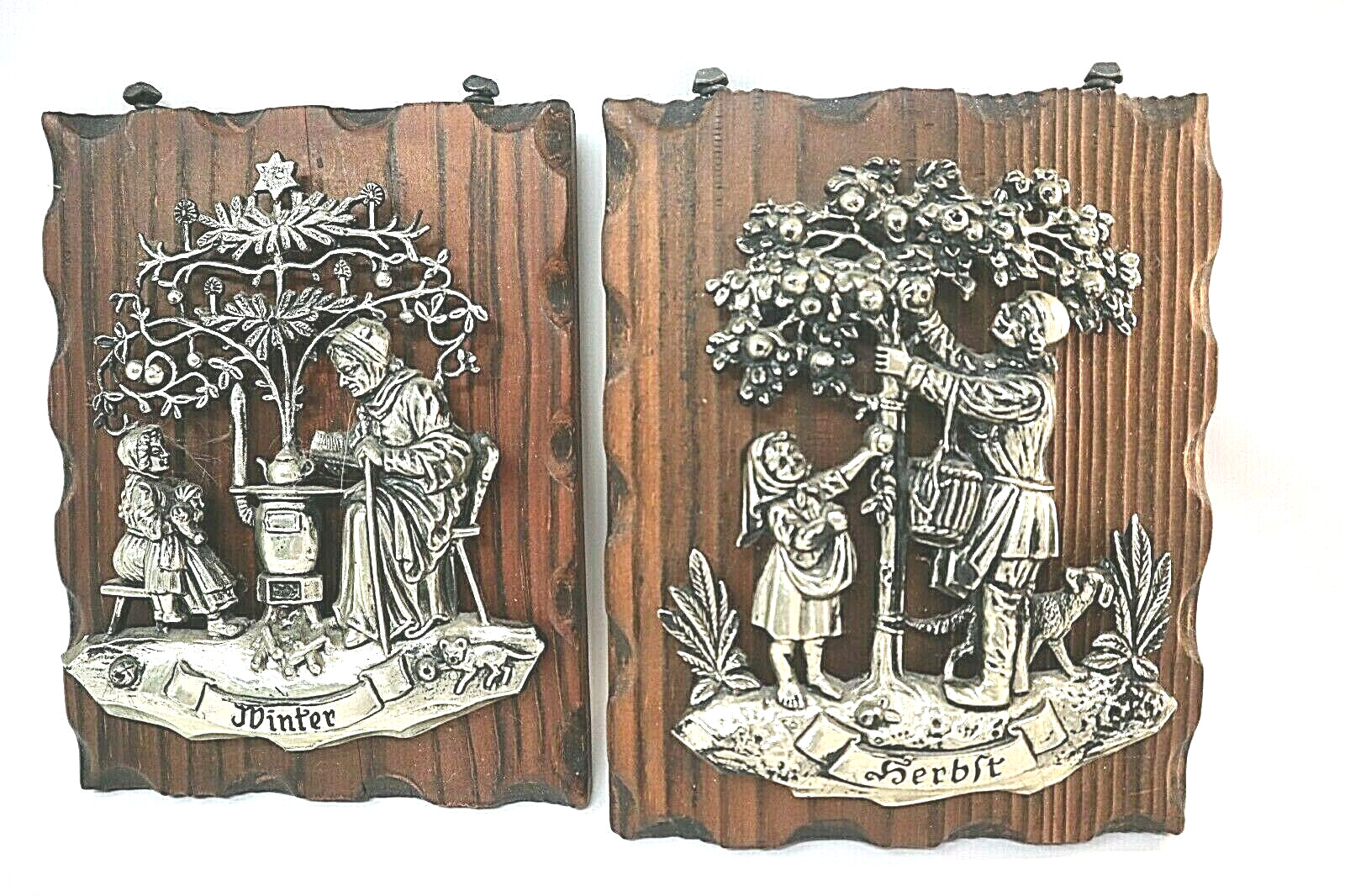 Vtg Wood Cast Metal German Plaques Mother Child Father Child  8\