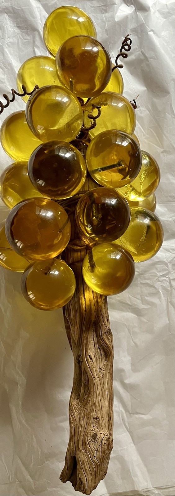 Italian Yellow Vintage MCM Lucite Acrylic Large Grapes With Drift Wood Heavy Italian Yellow Vintage MCM Lucite Acrylic Large Grapes With Drift Wood Heavy
