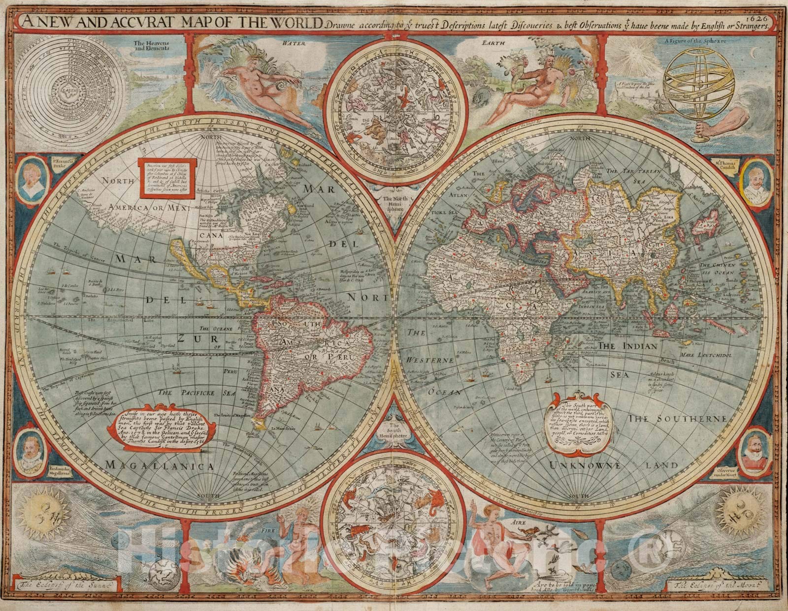 Historical Map, 1626 A New and accurat map of The World, Vintage Wall Art : 30in