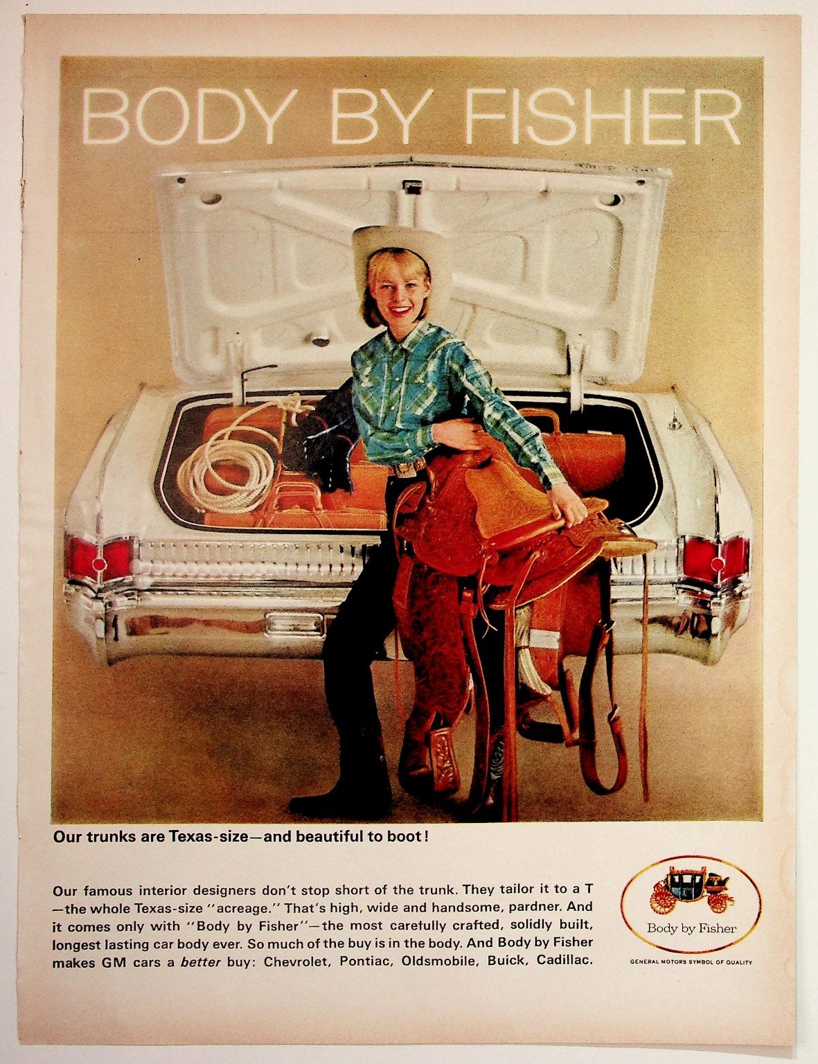 Vintage 1960s Body By Fisher GM Car Ad Cowboy Cowgirl Texas Trunk Ephemera