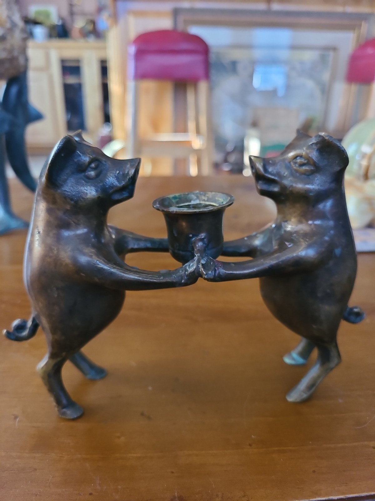 Vintage Whimsical Pair Of Brass Or Bronze Pigs Candle Holder Statue Figurine