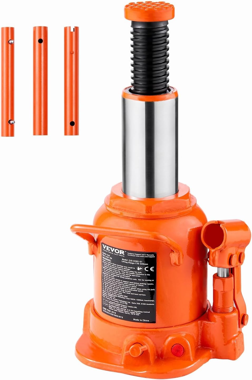 Hydraulic Bottle Jack, 20 Ton/44092 Lbs Low Profile Welded Bottle Jack with 6.69