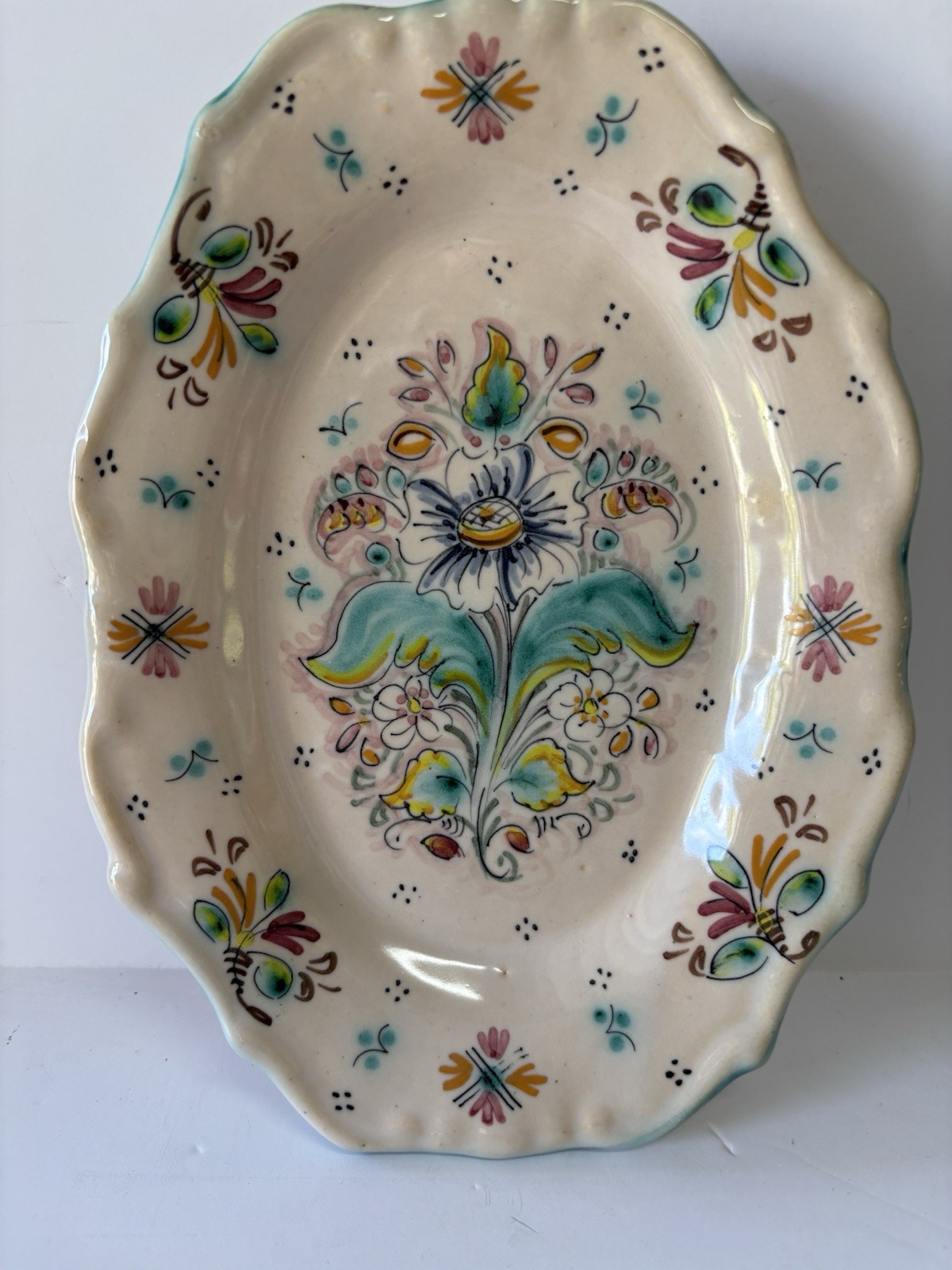 VTG Spanish Hand Painted Pottery Ceramic Dish Oval Trinket Hanging Decor Aqua