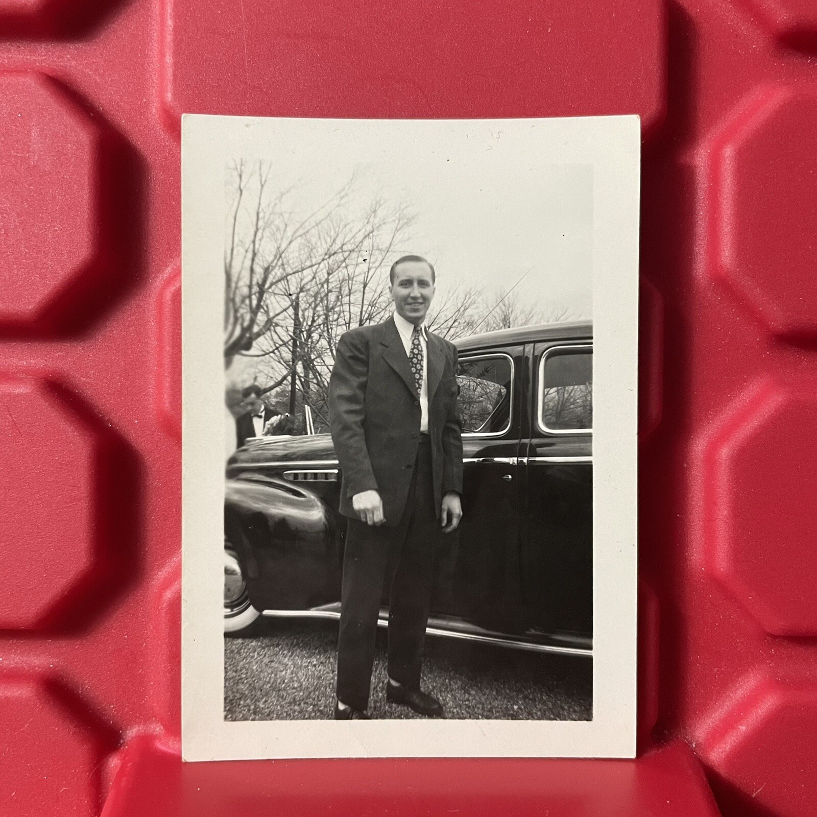 Man Standing By A Packard Super Eight 2.5 x 3.5 Photograph Vintage 1940s