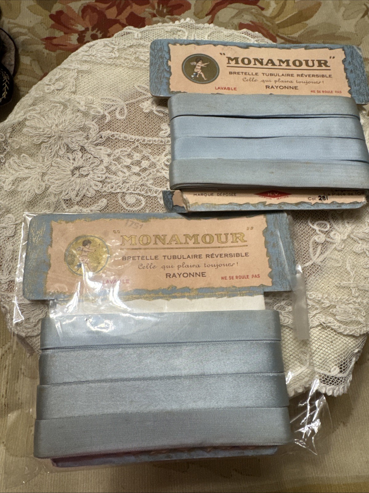 2 Vintage French Monamour Rayon Ribbon Robins Egg Blue 16mm Cards Total 20M