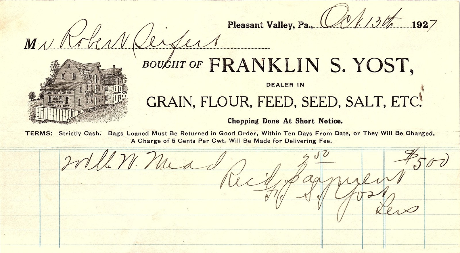 1927 Franklin S. Yost Pleasant Valley PA Grain Mill Billhead
