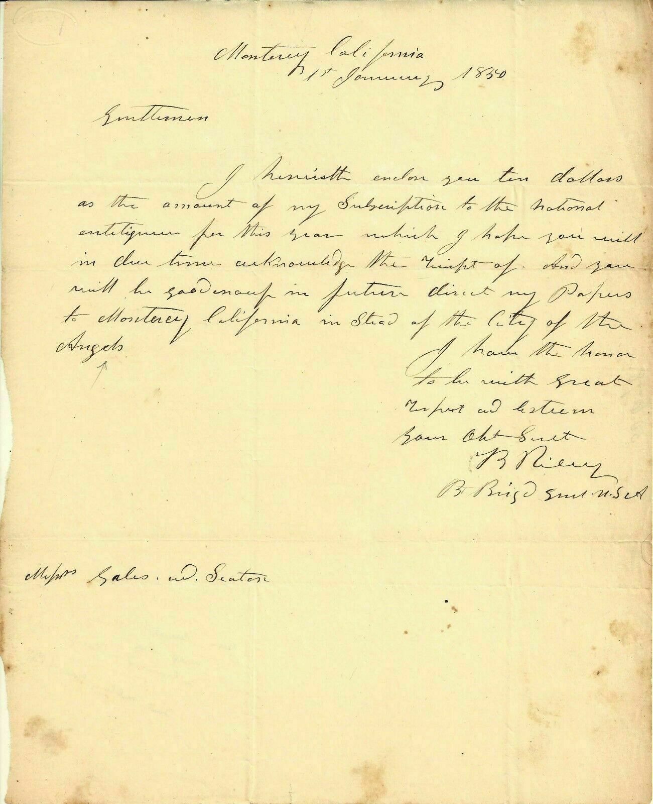 GENERAL RILEY SCARCE CALIFORNIA LAST MILITARY GOVERNOR AUTOGRAPH LETTER 1850 
