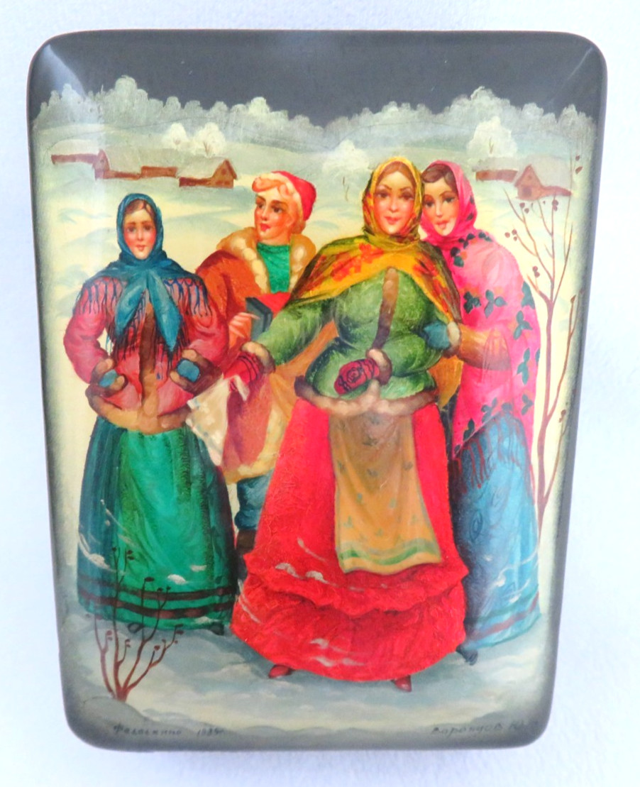 1985 USSR Signed Russian Fedoskino Iridescent Lacquer Trinket Box ~ 4 Women