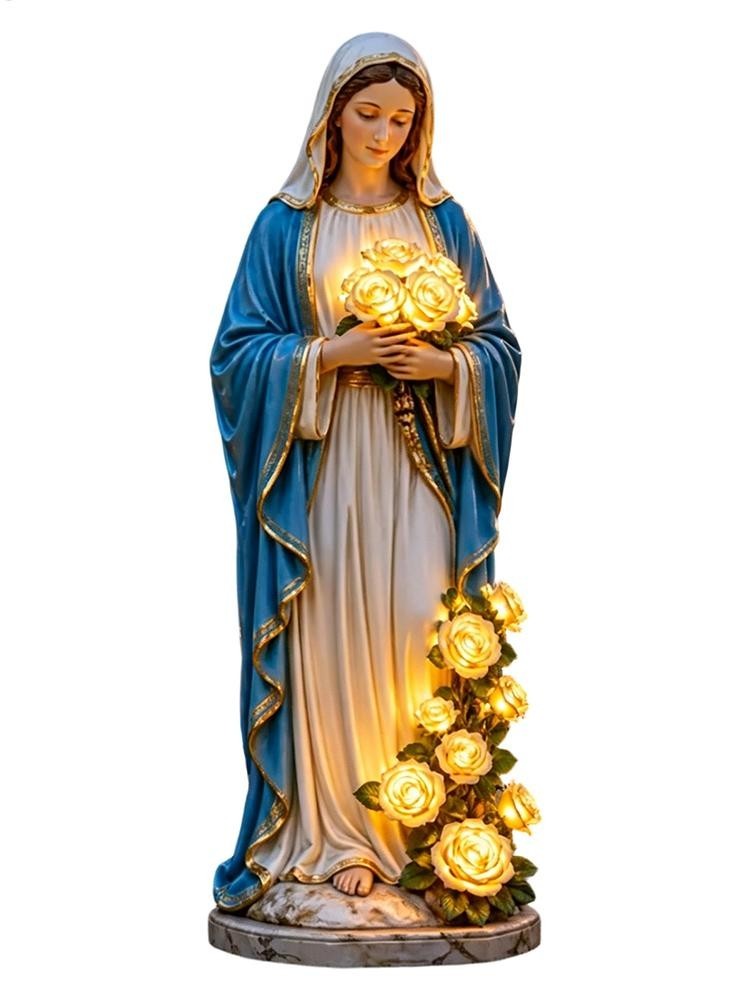 Virgin Mary Garden Light, Mary Statue With LED Glowing Roses Resin Blessed Decor Virgin Mary Garden Light, Mary Statue With LED Glowing Roses Resin Blessed Decor
