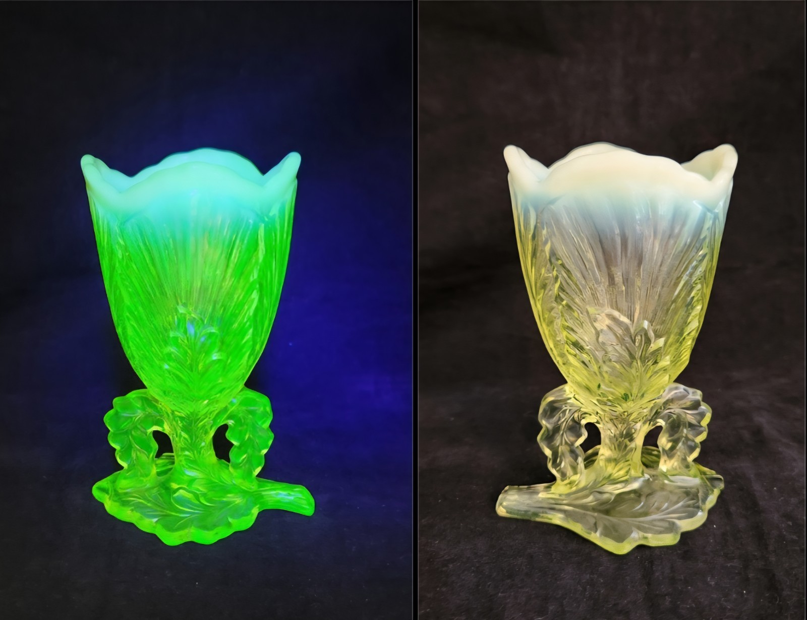 Antique Northwood  Opalescent Yellow Vaseline Uranium Glass Maple Leaf Vase