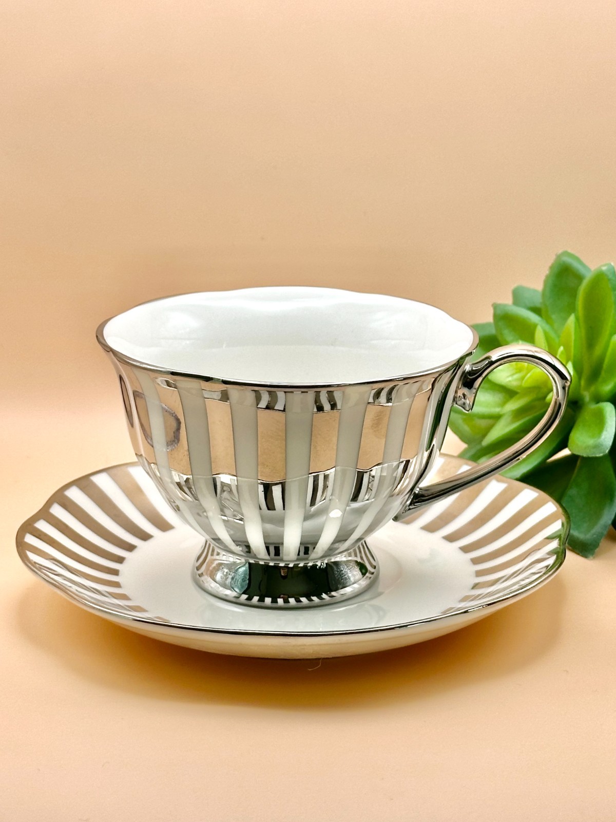 Vintage Silver Striped Fine Bone China Teacup & Saucer Set Elegant Metallic Vintage Silver Striped Fine Bone China Teacup & Saucer Set Elegant Metallic