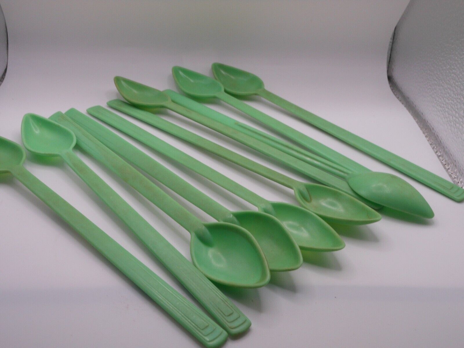 10 Vtg Green, 8 Inch, Reusable Hard Plastic Iced Tea Spoons