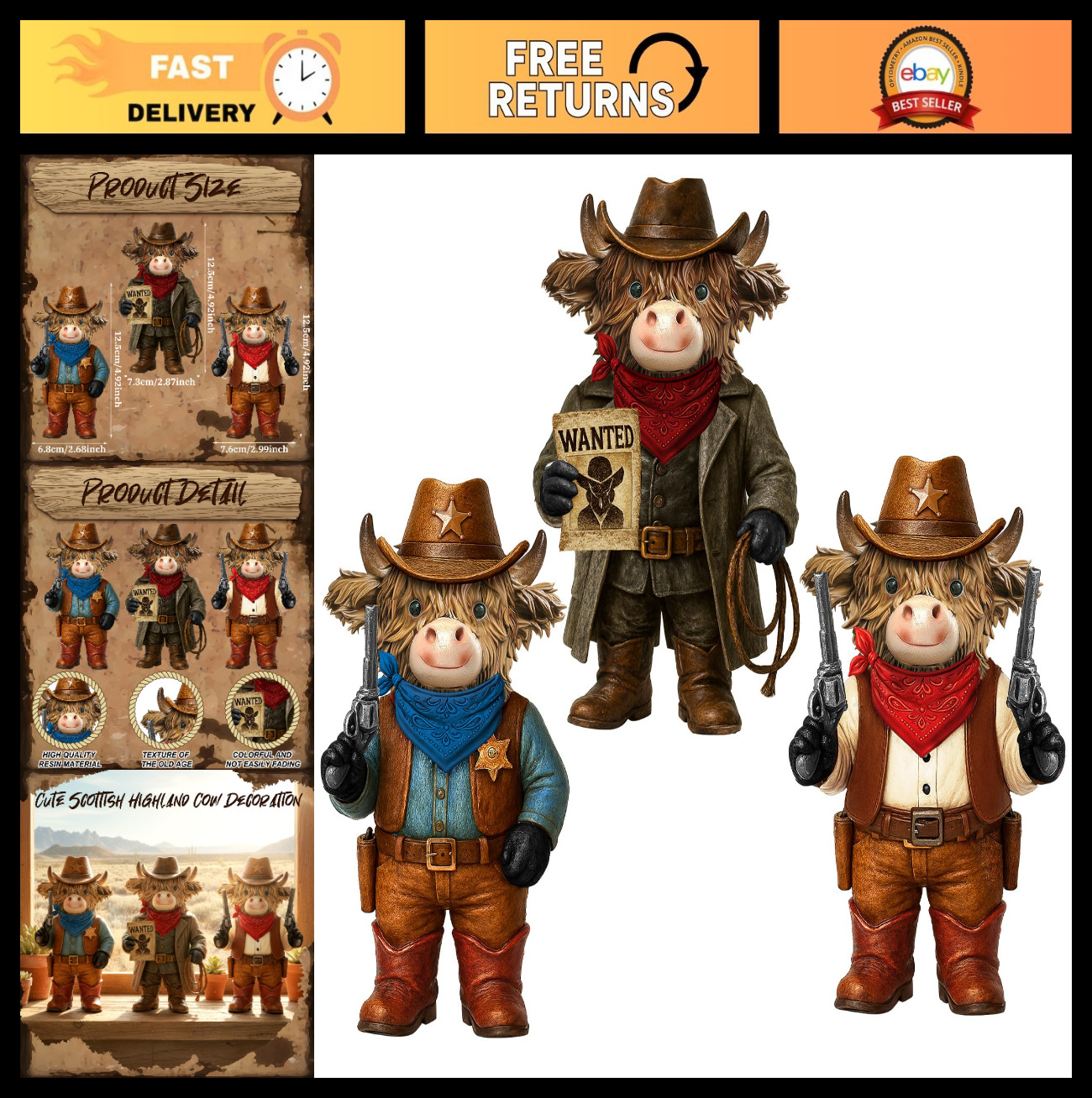 3 Pcs Cowboy Highland Cow Figurines - Wild West Gnome Statues for Garden Decor