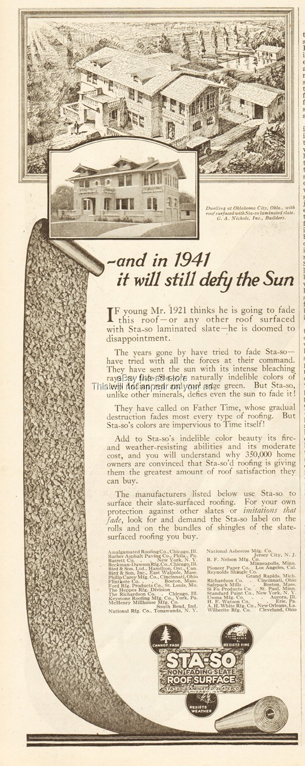 1921 STA-SO Laminated Slate Chicago IL Roof Surface Oklahoma City OK Roofing Ad