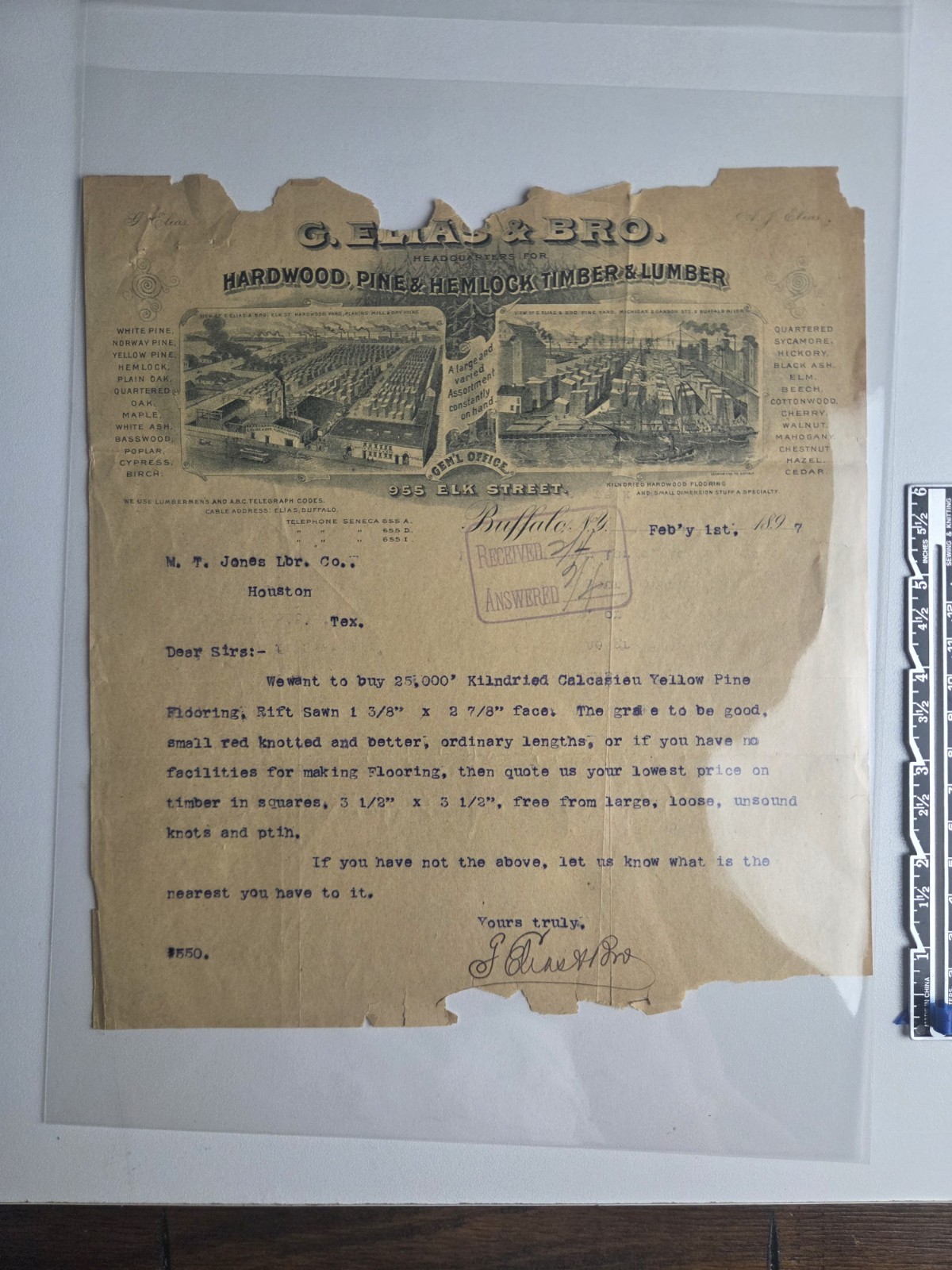 1897 G Elias & Bro Buffalo NY Illustrated Lumber Letterhead Houston Texas Letter