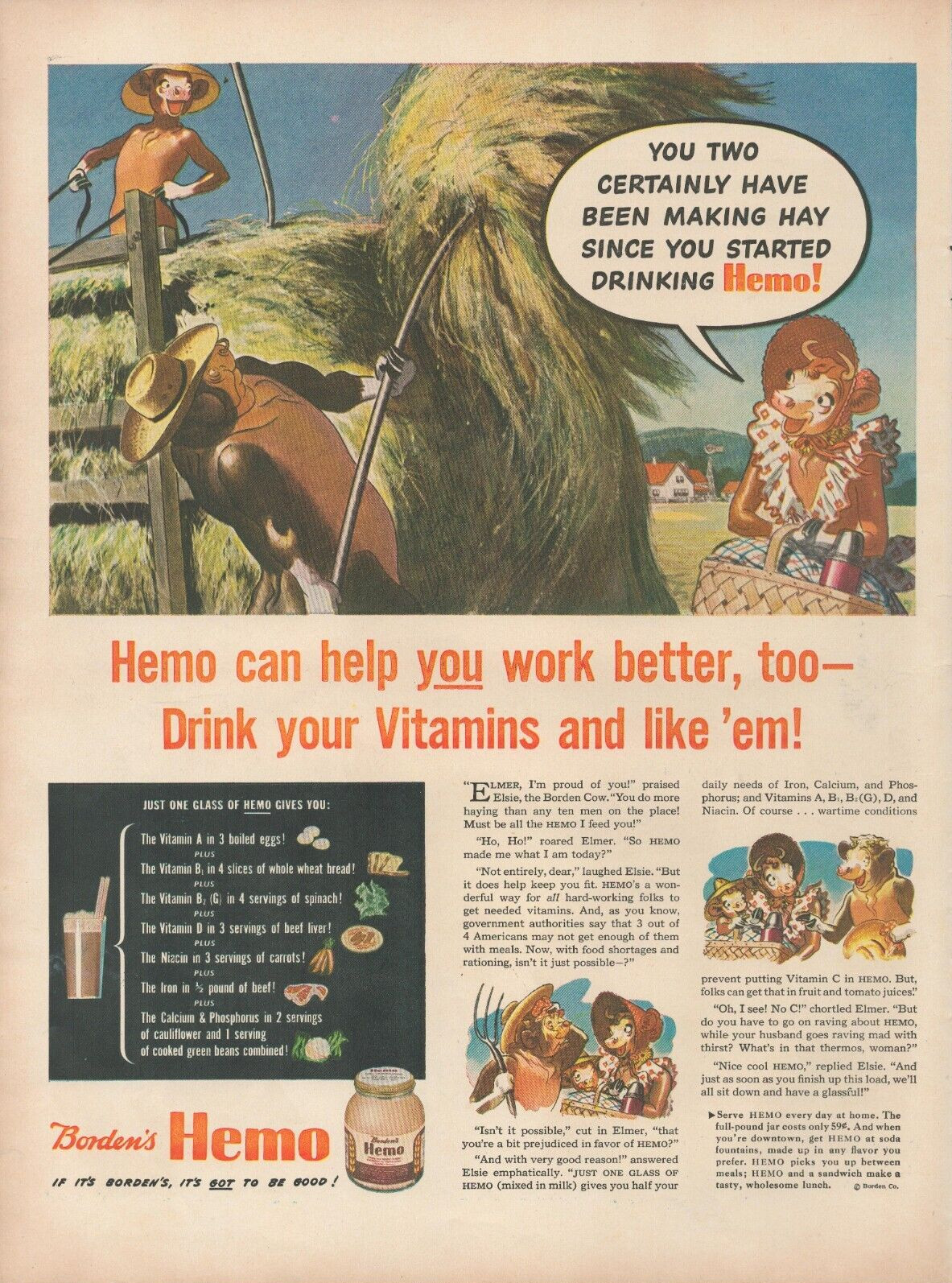 1943 Borden's Hemo Chocolate Milk Elsie Cow Elmer Pitching Hay Vintage Print Ad