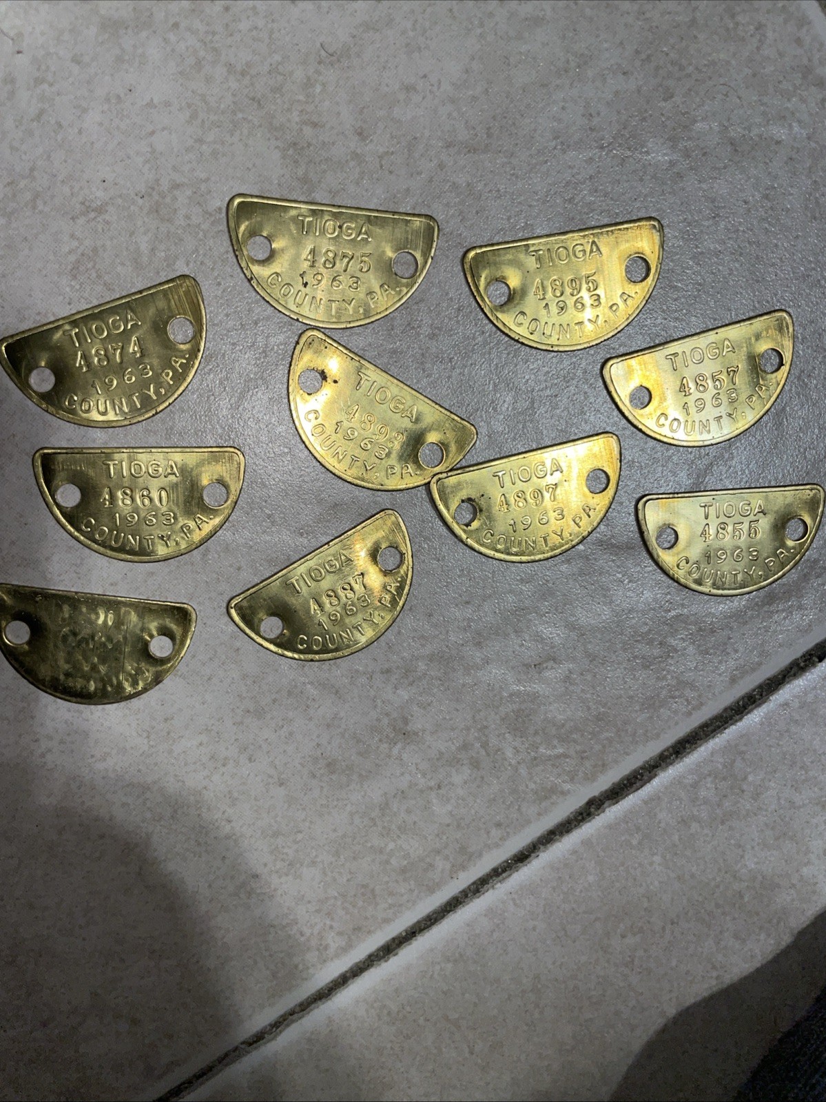 10-Vintage 1963 Tioga County, Pa., Brass Dog Tag, Tax, License (BLANK) 10-Vintage 1963 Tioga County, Pa., Brass Dog Tag, Tax, License (BLANK)
