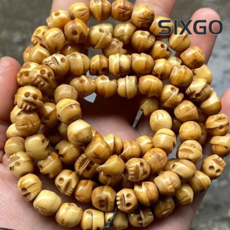 Vintage 108 Bead Buddhism Tibetan Yak Bone Skull Meditation Prayer Mala Necklace