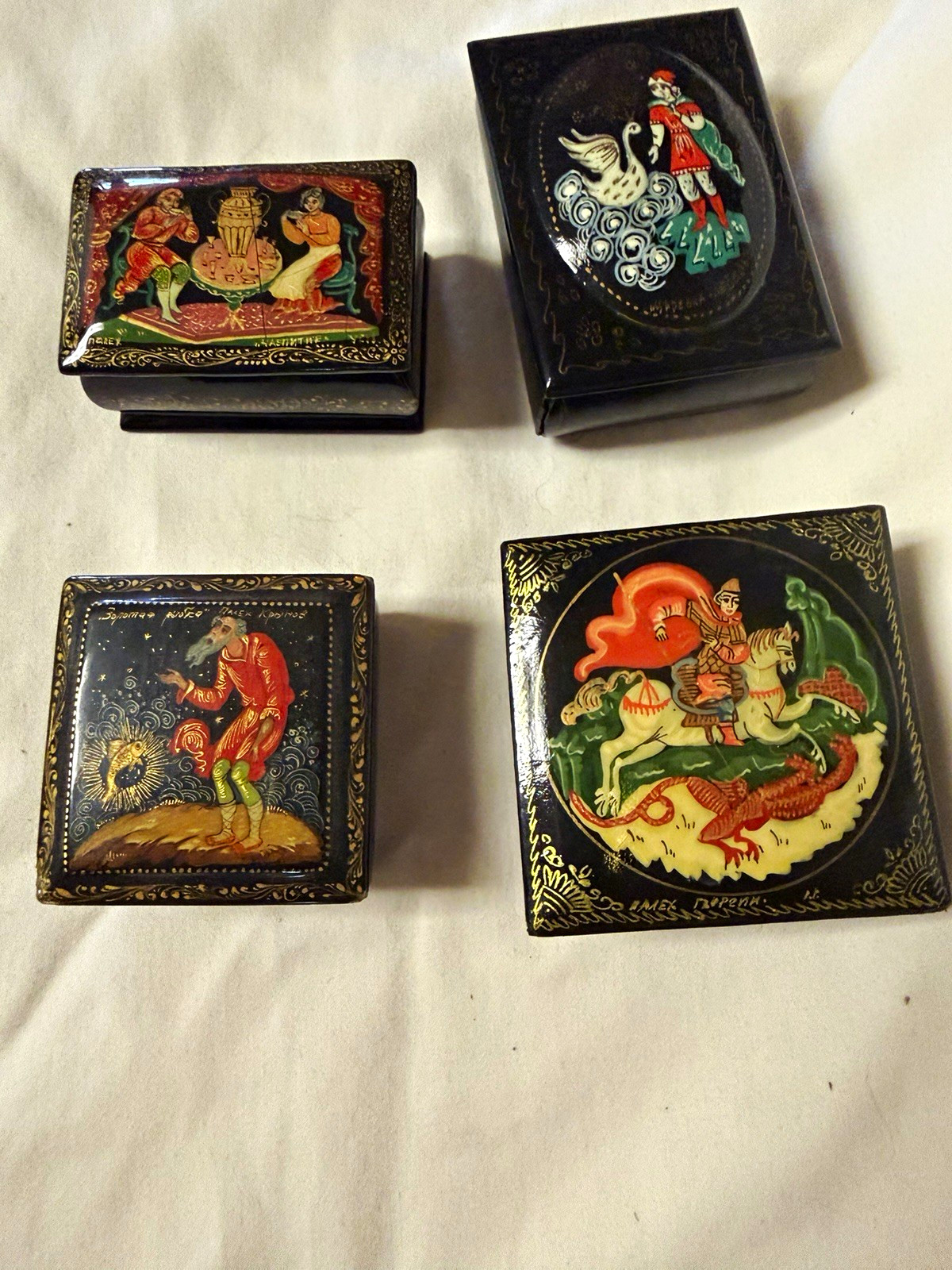 Set of 4 Russian Hand-Painted Lacquer Trinket Boxes, Folk Tales Folk Art Set of 4 Russian Hand-Painted Lacquer Trinket Boxes, Folk Tales Folk Art