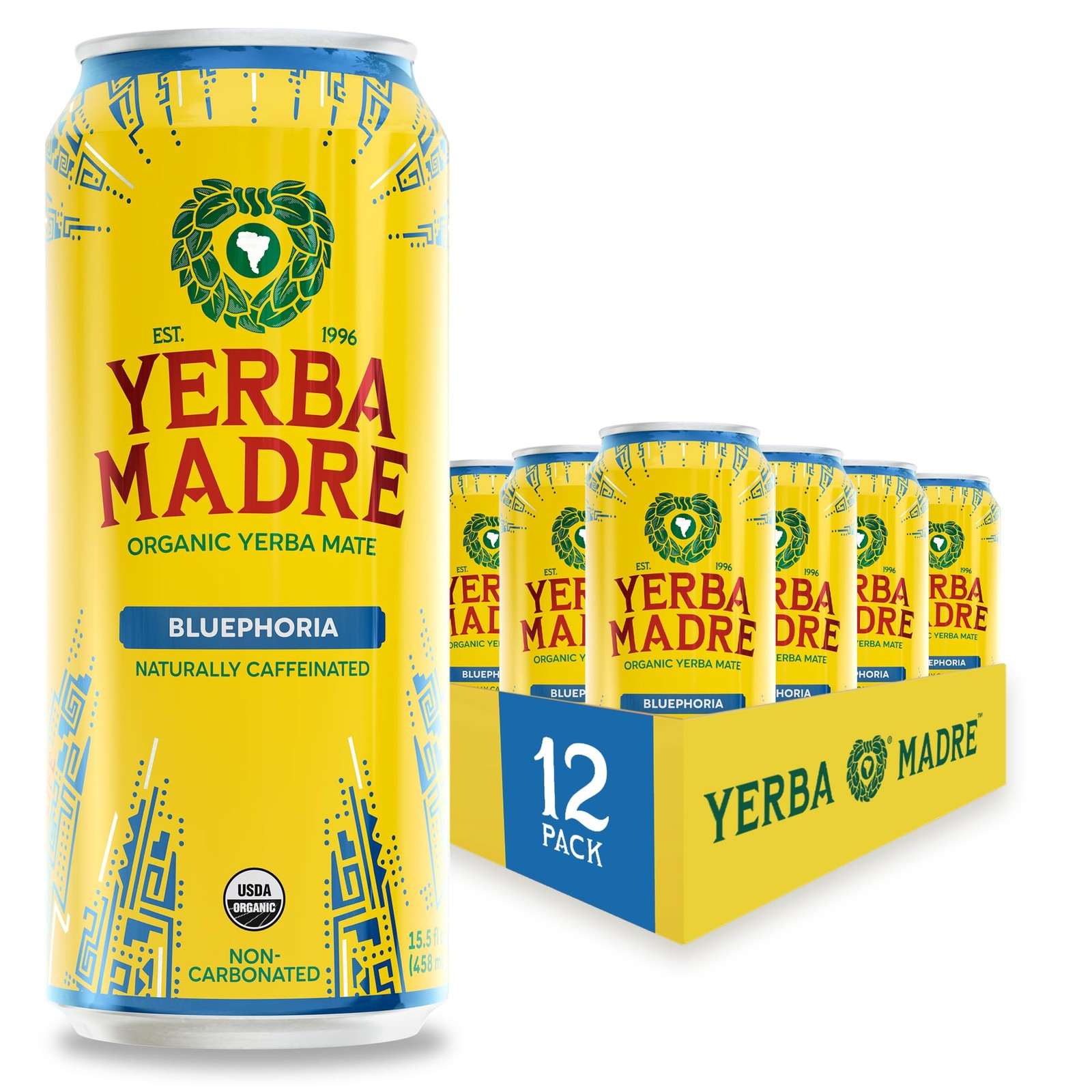 Yerba Madre Organic Mate, Bluephoria, 150mg 15.5 Fl Oz (Pack of 12)