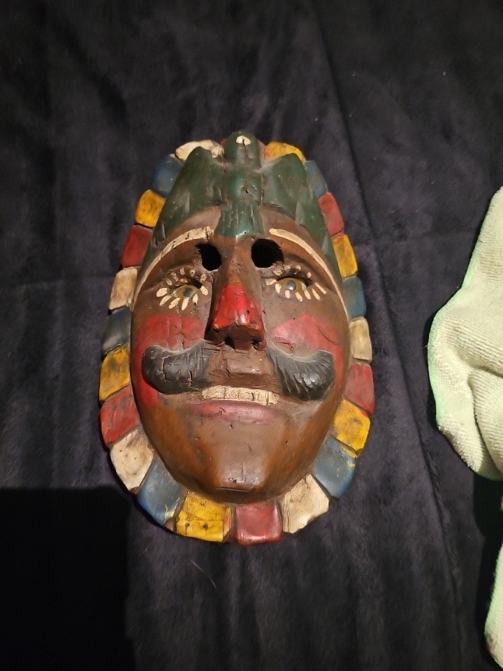VINTAGE POLYCHROME GUATEMALAN CARNIVAL MASK WITH GLASS EYES