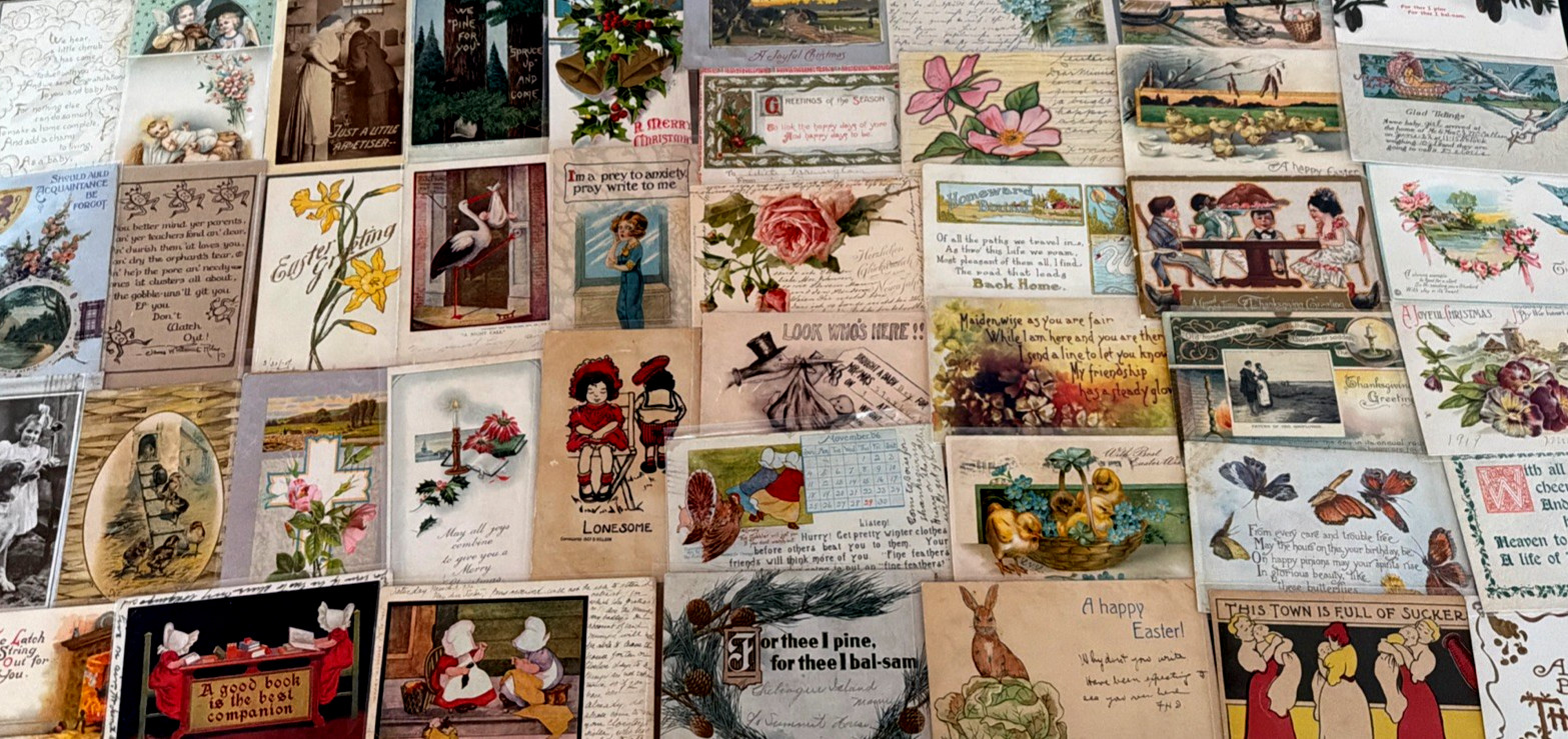 ~Lot of 43 Antique 1900's~Mixed Topics Greetings Postcards~All with stamps-s501