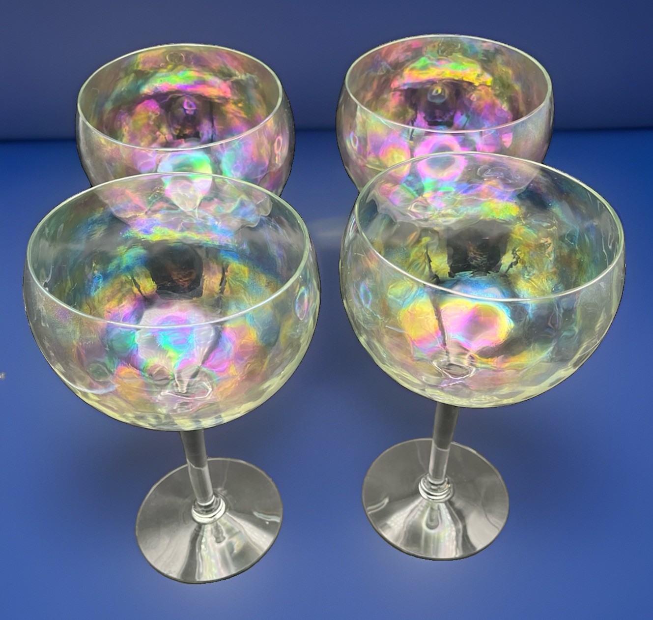 Vintage Iridescent Rainbow Ballon Wine Glasses Round Stem Optic Goblets Set Of 4