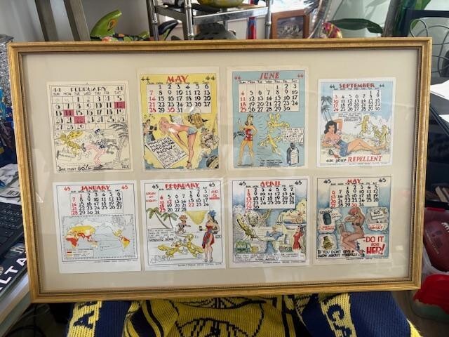 Rare LOT - VTG WW2 US Navy 1944/45 Pacific Theatre Calendar Pages (8) - Framed Rare LOT - VTG WW2 US Navy 1944/45 Pacific Theatre Calendar Pages (8) - Framed